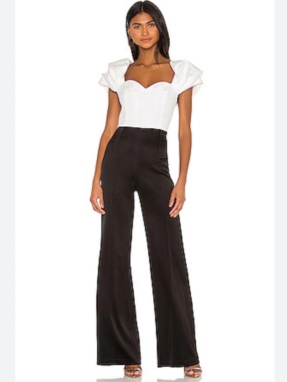 Alice+Olivia Mateo Puff Sleeve Wide Leg Jumpsuit black and white size 4